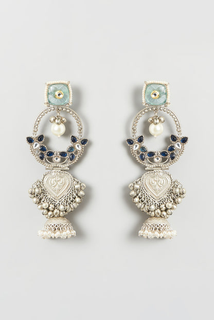 Oxidised Finish Multi-Colored Stone & Pearl Dangler Earrings