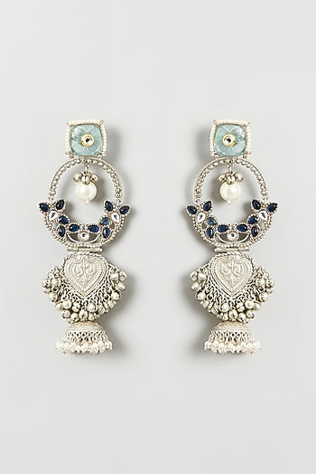 Oxidised Finish Multi-Colored Stone & Pearl Dangler Earrings