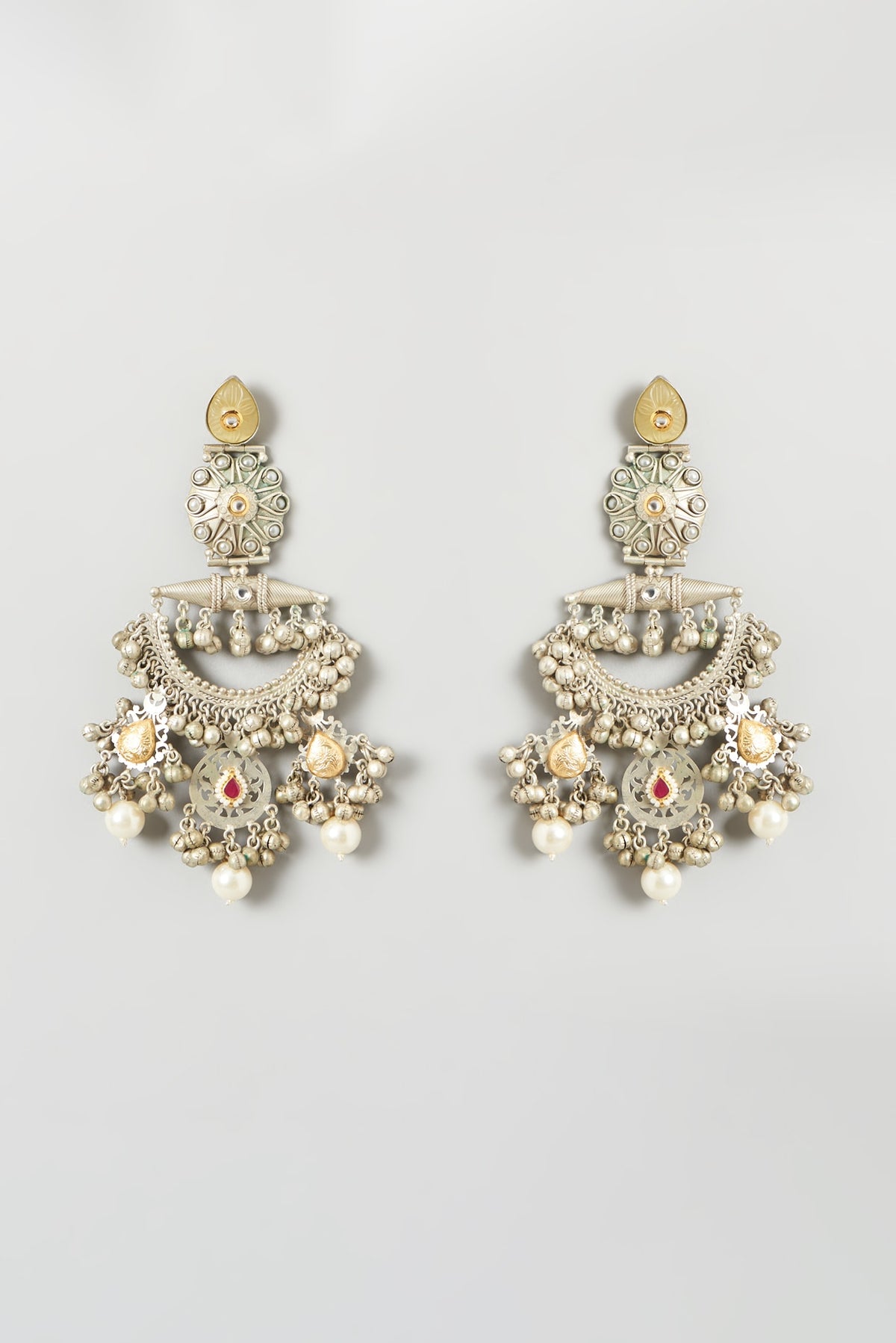 Oxidised Finish Kundan Polki & Pearl Dangler Earrings