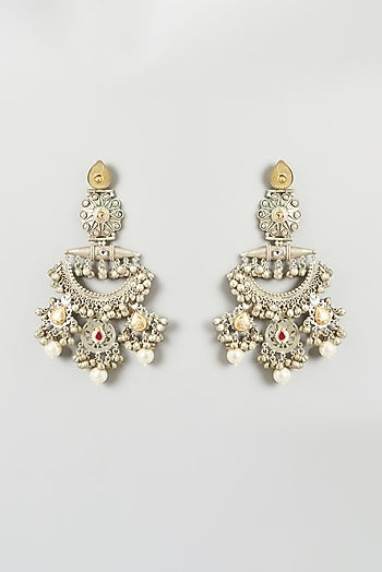 Oxidised Finish Kundan Polki & Pearl Dangler Earrings