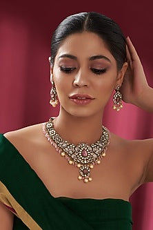 Black Rhodium Finish Pink Stone & Pearl Necklace Set
