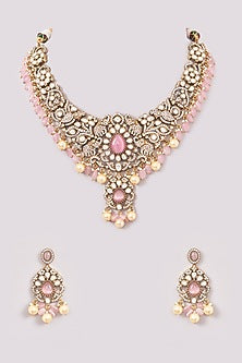 Black Rhodium Finish Pink Stone & Pearl Necklace Set
