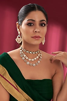Gold Finish Kundan Polki Layered Necklace Set