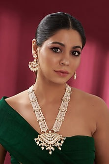 Gold Plated Kundan Polki & Pearl Long Necklace Set