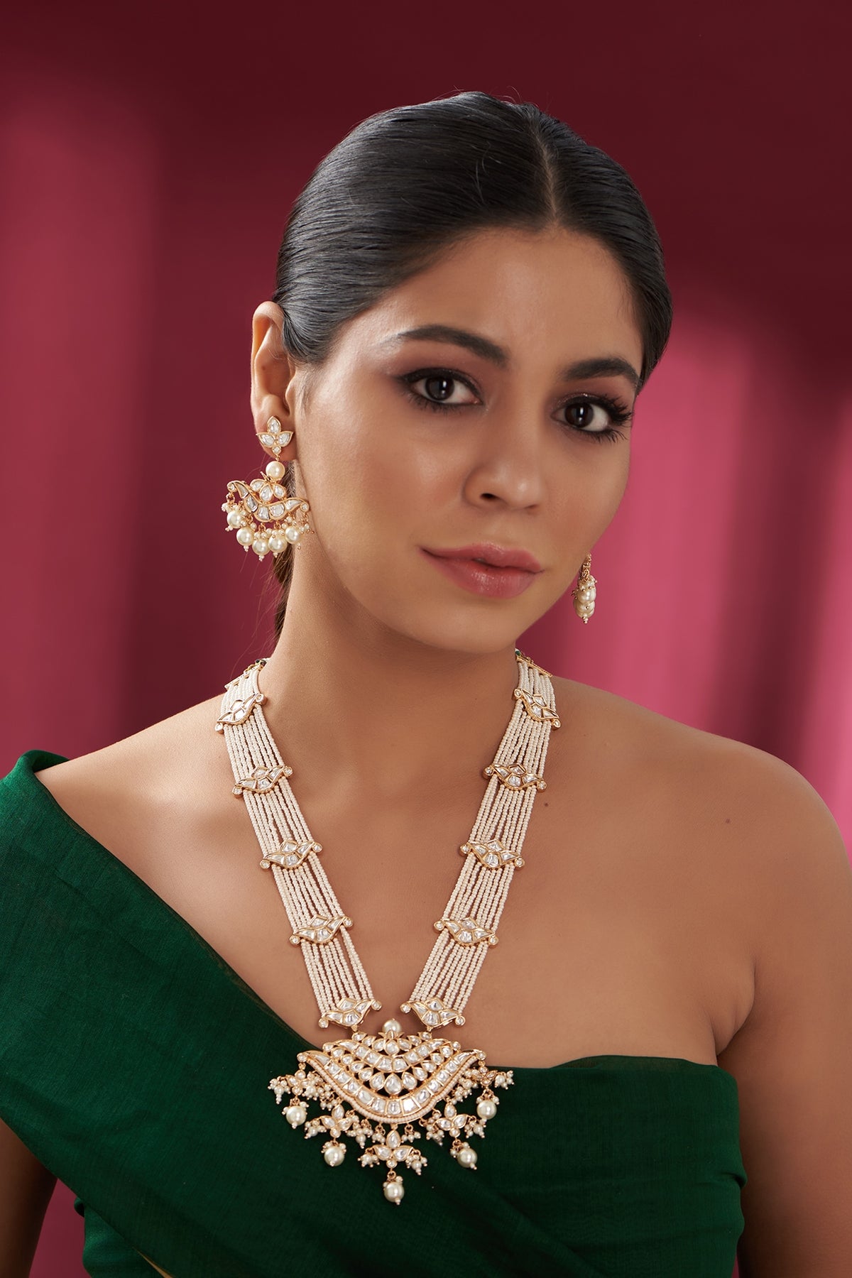 Gold Plated Kundan Polki & Pearl Long Necklace Set