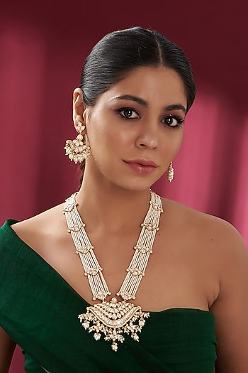 Gold Plated Kundan Polki & Pearl Long Necklace Set