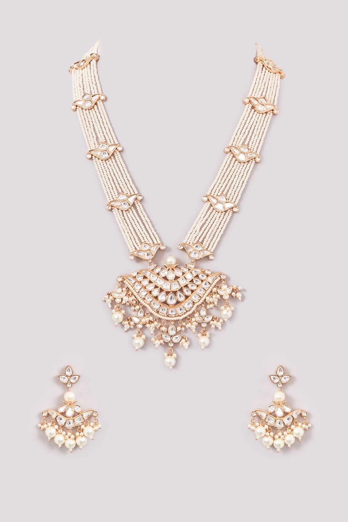 Gold Plated Kundan Polki & Pearl Long Necklace Set