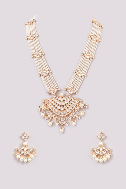 Gold Plated Kundan Polki & Pearl Long Necklace Set