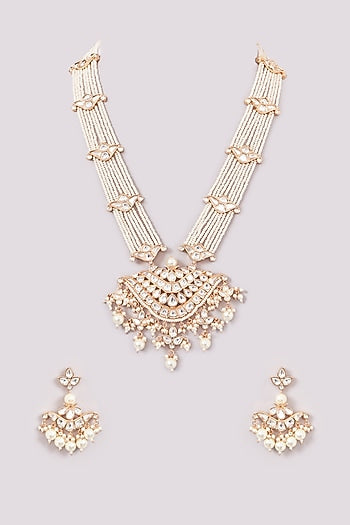 Gold Plated Kundan Polki & Pearl Long Necklace Set