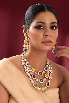 Gold Plated Kundan Polki & Multi-Colored Stone Long Layered Necklace Set