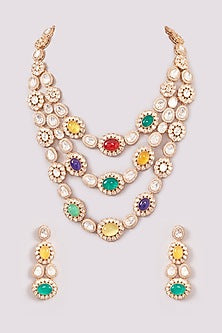 Gold Plated Kundan Polki & Multi-Colored Stone Long Layered Necklace Set