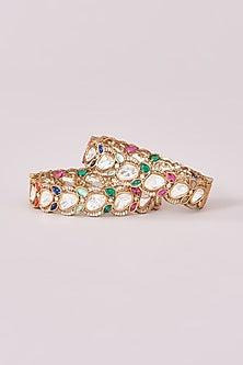 Black Rhodium Finish Kundan Polki & Multi-Colored Stone Kadas (Set Of 2)