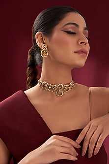 Gold Finish Kundan Polki & Green Stone Necklace Set