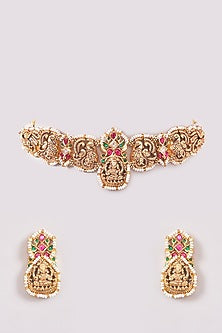 Gold Finish Kundan Polki & Green Stone Necklace Set