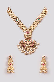 Gold Finish Kundan Polki & Pearl Long Necklace Set