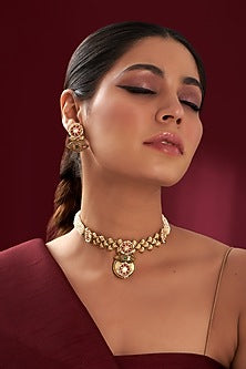 Gold Finish Kundan Polki & Pearl Necklace Set