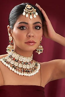 Gold Plated Kundan Polki & Multi-Colored Pearl Drop Necklace Set