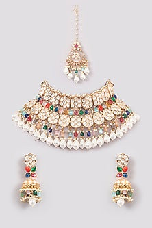 Gold Plated Kundan Polki & Multi-Colored Pearl Drop Necklace Set