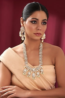 Gold Plated Kundan Polki & Pearl Hanging Long Necklace Set