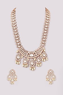Gold Plated Kundan Polki & Pearl Hanging Long Necklace Set