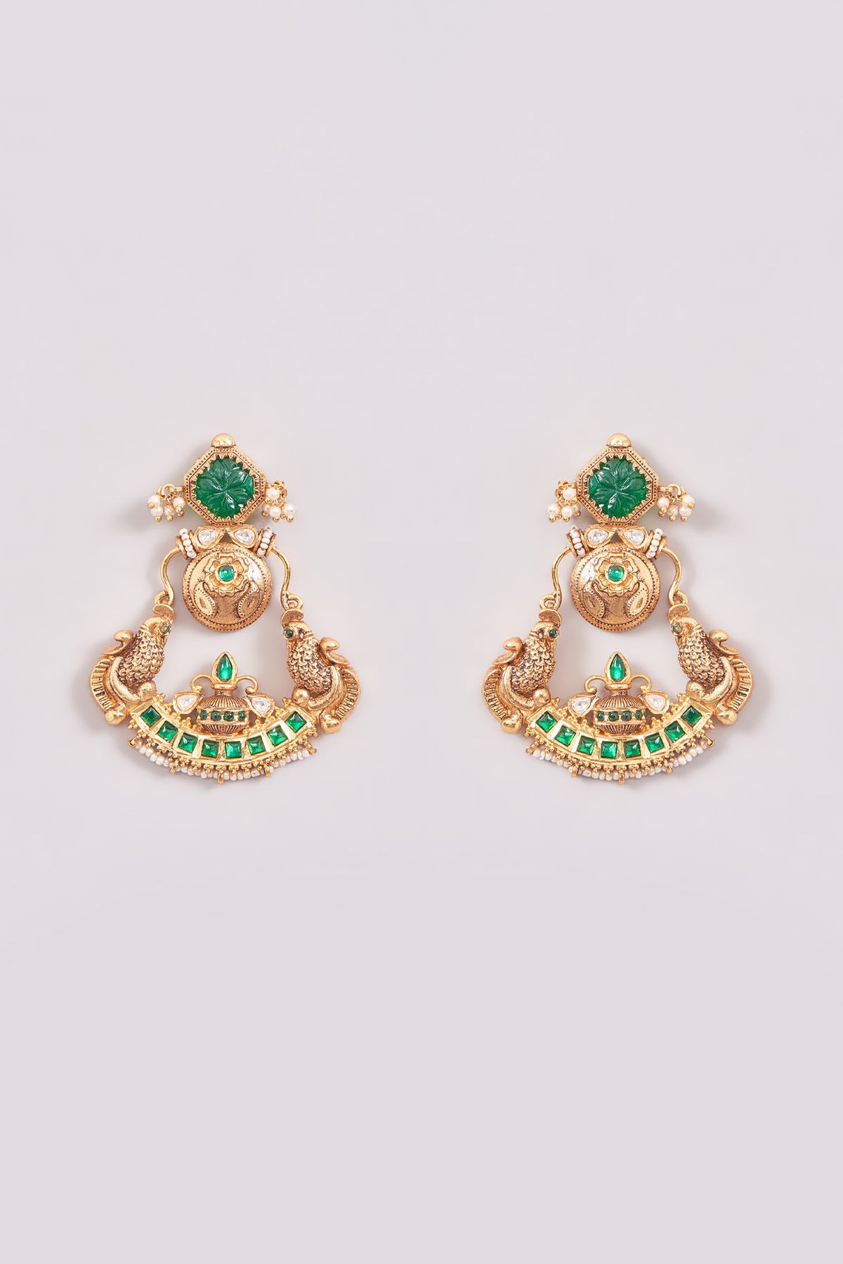 Gold Finish Pink & Green Stone Chandbali Earrings