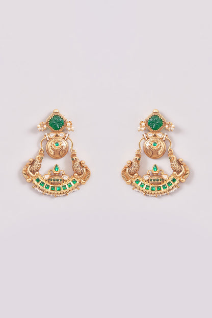 Gold Finish Pink & Green Stone Chandbali Earrings