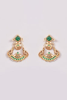 Gold Finish Pink & Green Stone Chandbali Earrings