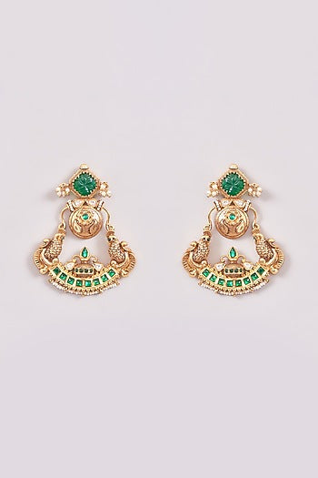 Gold Finish Pink & Green Stone Chandbali Earrings