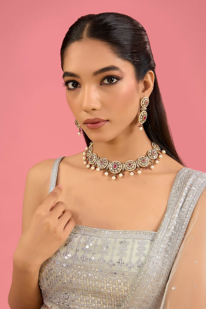 Two-Tone Finish Kundan Polki & Red Stone Necklace Set