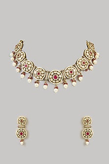 Two-Tone Finish Kundan Polki & Red Stone Necklace Set