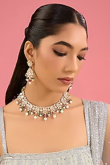 Gold Finish Kundan Polki & Multi-Colored Stone Choker Necklace Set