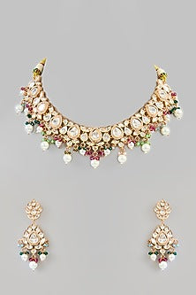Gold Finish Kundan Polki & Multi-Colored Stone Choker Necklace Set