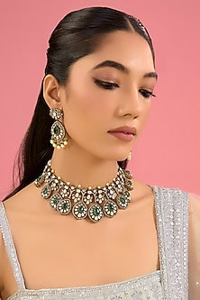 Two-Tone Finish Kundan Polki & Green Stone Necklace Set