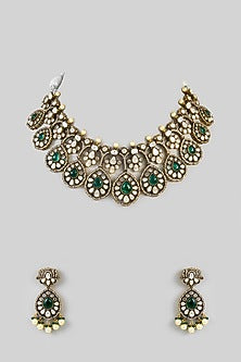 Two-Tone Finish Kundan Polki & Green Stone Necklace Set
