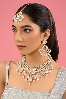 Gold Finish Kundan Stone & Pearl Drop Necklace Set