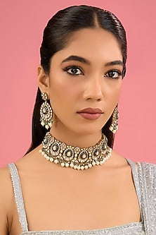 Two-Tone Finish Green Kundan Polki Choker Necklace Set