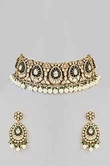 Two-Tone Finish Green Kundan Polki Choker Necklace Set
