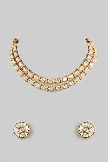 Gold Finish Kundan Polki Layered Necklace Set