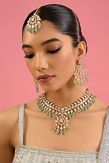 Gold Finish Kundan Polki & Green Drop Necklace Set