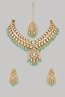 Gold Finish Kundan Polki & Green Drop Necklace Set