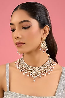 Gold Finish Kundan Polki & Pearl Drop Necklace Set