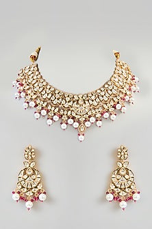 Gold Finish Kundan Polki & Pearl Drop Necklace Set