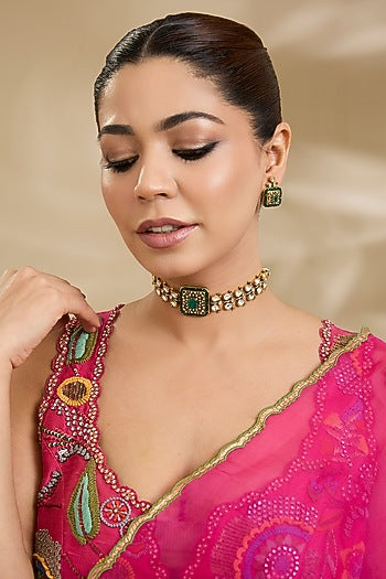 Two-Tone FInish Kundan Polki & Green Stone Choker Necklace Set