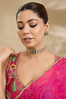 Two-Tone FInish Kundan Polki & Green Stone Choker Necklace Set