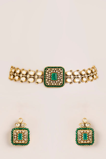 Two-Tone FInish Kundan Polki & Green Stone Choker Necklace Set