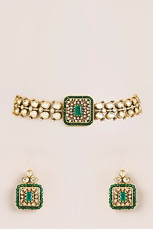 Two-Tone FInish Kundan Polki & Green Stone Choker Necklace Set
