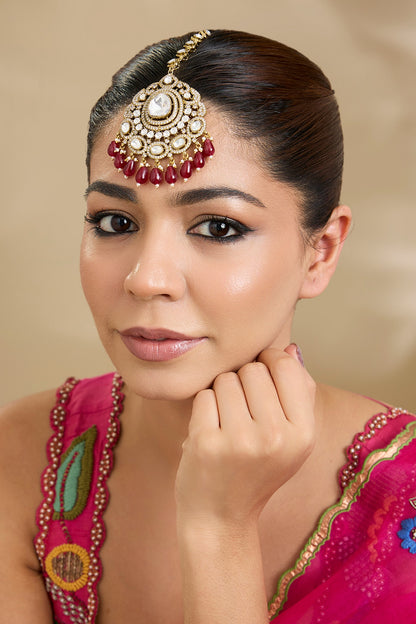 Gold Finish Kundan Polki & Red Beaded Openable Kada