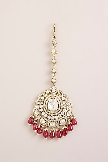 Gold Finish Kundan Polki & Red Beaded Openable Kada