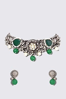 Oxidised Kundan Polki & Green Stone Choker Necklace Set
