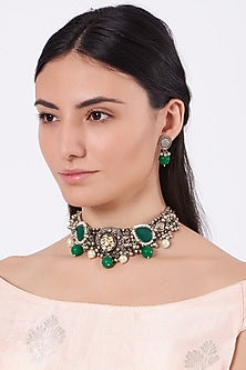 Oxidised Kundan Polki & Green Stone Choker Necklace Set